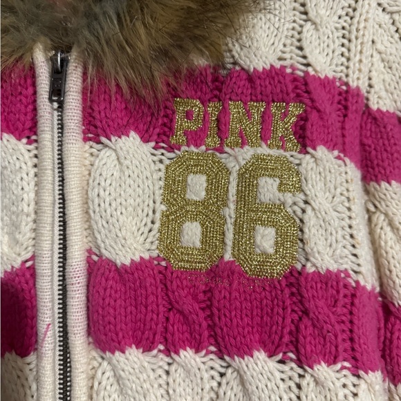 Pink Victoria's Secret Pink Striped cableknit Cardigan Faux Fur Hood Small logo - Picture 2 of 10